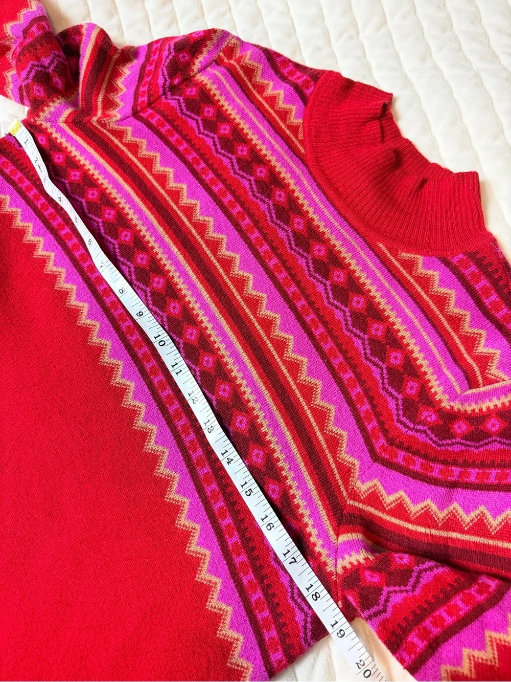 Isaac Mizrahi Bright Red Mock Neck Fair Isle Sweater Layered White Button Down